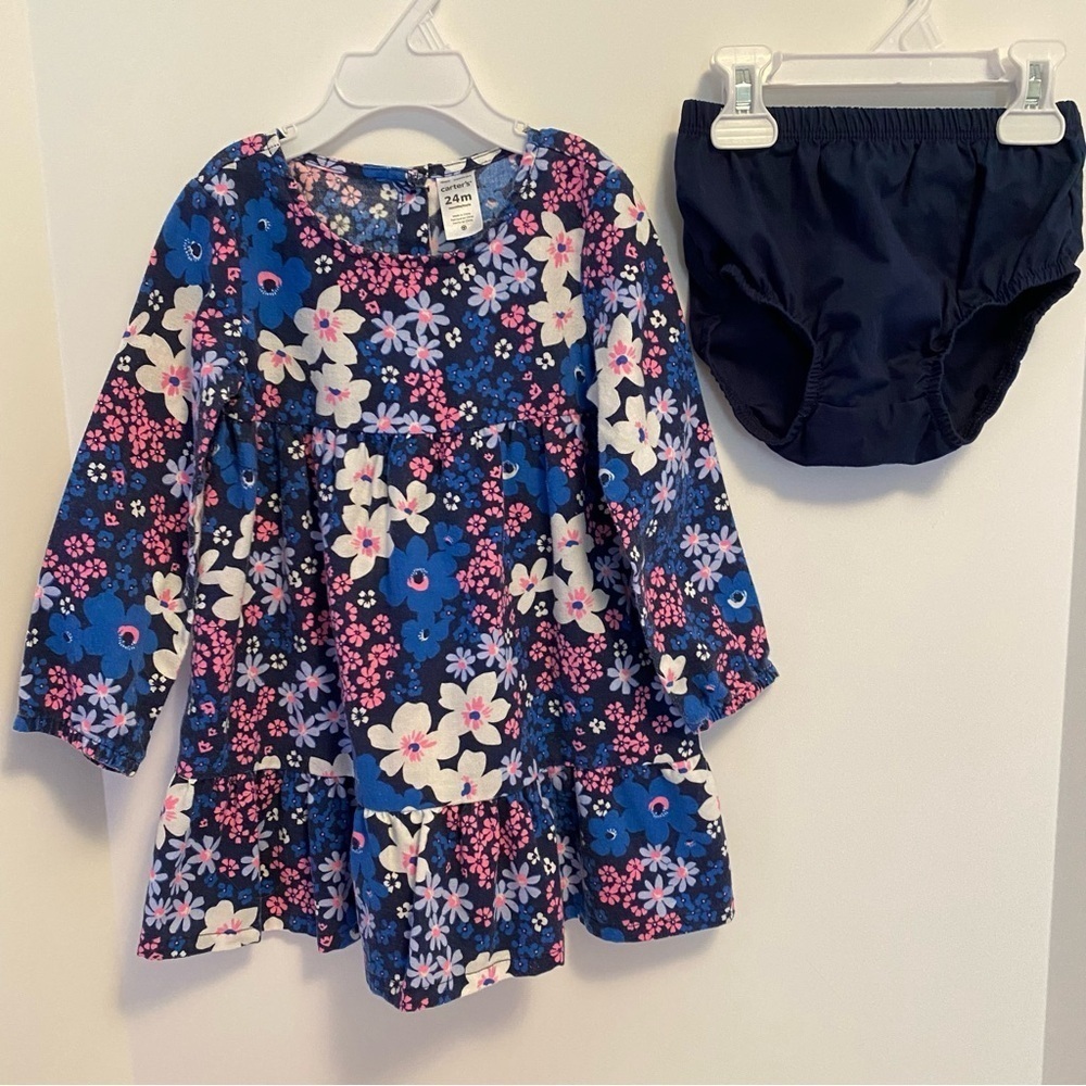Carter's Baby Girls Floral Long Sleeve Ruffle Hem Dress Blue/ Pink 24 Months